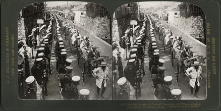 Buddhist Priests in Funeral Procession of Officers killed at Port Arthur, Hiroshima, Japan, Stereo Card, J.J. Killelea & Co., 1906