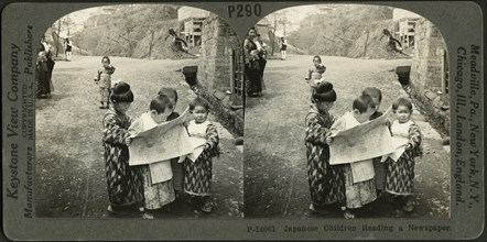 Japanese Children Reading a Newspaper, Stereo Card, Keystone View Company, 1910