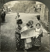 Japanese Children Reading a Newspaper, Single Image of Stereo Card, Keystone View Company, 1910
