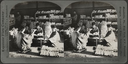 As Precious as Gold-Weighing Raw Silk on Delicate Scales, Japan, Stereo Card, Keystone View Company, 1905