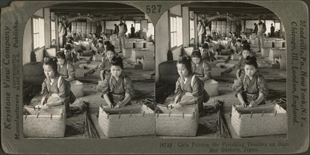 Girls Putting the Finishing Touches on Bamboo Baskets, Japan, Stereo Card, Keystone View Company, 1905