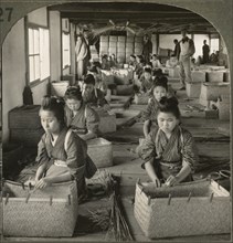Girls Putting the Finishing Touches on Bamboo Baskets, Japan, Single Image of Stereo Card, Keystone View Company, 1905