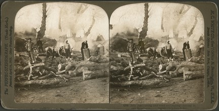 Jolly Japs Cutting Cord Wood and making Charcoal in Cold Manchuria, Stereo Card, James H. Hare, Perfec Stereography, 1905