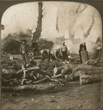 Jolly Japs Cutting Cord Wood and making Charcoal in Cold Manchuria, Single Image of Stereo Card, James H. Hare, Perfec Stereography, 1905