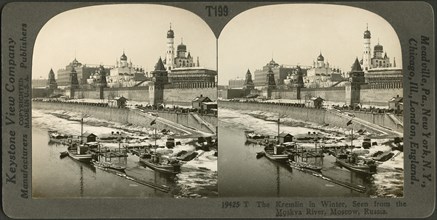 The Kremlin in Winter, Seen from the Moskva River, Moscow, Russia, Stereo Card, Keystone View Company, Early 1900's