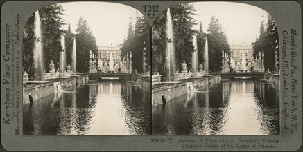 Avenue of Fountains at Peterhof, Former Summer Palace of the Czars of Russia, Stereo Card, Keystone View Company, early 1900's