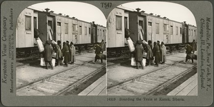 Boarding the Train at Kansk, Siberia, Stereo Card, Keystone View Company, early 1900's