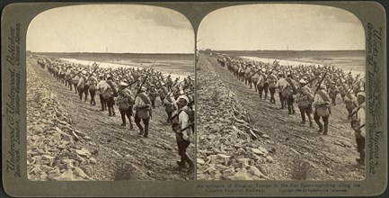 An Advance of Russian Troops in the Far East-Marching along the Chinese Imperial Railway, Stereo Card, Underwood & Underwood, 1904