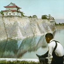 Feudal Shogun Castle, Wall and Moat, Osaka, Japan, Hand-Colored Magic Lantern Slide, Newton & Company, 1920