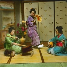 Two Musicians and Dancing Girl, Yokonawa, Japan, Hand-Colored Magic Lantern Slide, Newton & Company, 1920