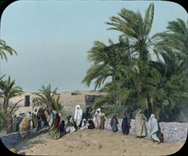 Villagers and Palm Trees, Africa, Hand-Colored Magic Lantern Slide, Newton & Company, 1920