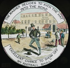 The Masher Decides to Kick the Hat into the Road, "Excellent Chance to Show off my Football Skill", Hand-Colored Magic Lantern Slide, Newton & Company, 1910