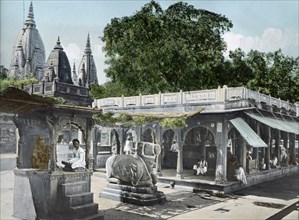 Gyan Vapi, Well of Knowledge, with the Spires of Kashi Vishvanath Temple in Background, Benares, India, Hand-Colored Magic Lantern Slide, Newton & Company, 1910