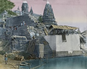 Manikarnika Ghat, Benares, India, Hand-Colored Magic Lantern Slide, Newton & Company, 1900