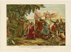 The Landing of Columbus on the Island of Guanahane, October 12, 1492, Chromolithograph from a Painting by Dioscoro Puebla, 1892