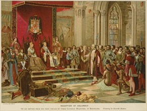 Reception of Columbus on his Return from his First Voyage by their Catholic Majesties, in Barcelona, Chromolithograph from a Painting by Ricardo Balaca, 1892