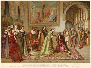 Affectionate Reception of Columbus by Ferdinand and Isabella after his Arrival in Spain, Loaded with Chains by Order of the Contemptible Bobadilla, Chromolithograph from a Painting by Francisco Jover,...