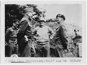 U.S. Generals George Patton & Omar Bradley with British Field Marshall Bernard Montgomery, France, July 7, 1944