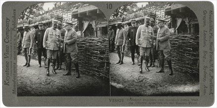 President Poincare & Marshall Joffre Visiting Officers' Quarters on the Somme Front, Stereo Card, Keystone View Company, 1916