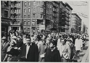 Crowd of Mourners, some Carrying Flags, Marching down 7th Avenue near 112th Street on way to Attend Memorial Service for Dr. Martin Luther King Jr. in Central Park, New York City, New York, USA, April...