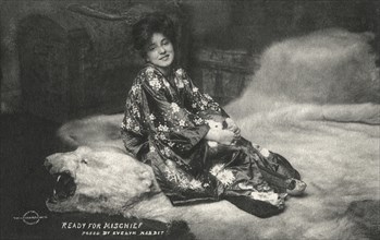 Evelyn Nesbit, Ready for Mischief, Portrait on Bear-Skin Rug, Postcard, 1898