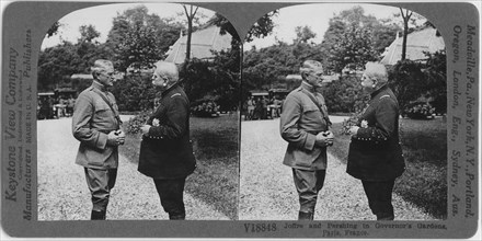 Joffre and Pershing in Governor's Gardens, Paris, France, Keystone View Company, Stereo Card, 1918