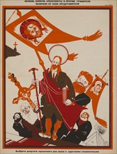 Soviet Propaganda Magazine Interior, Bezbozhnik u Stanka (Atheist at his Bench) Magazine, Illustration by Dimitry Moor, 1920's