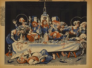 Soviet Propaganda Magazine Interior, Bezbozhnik u Stanka (Atheist at his Bench) Magazine, Illustration by Alexei Radakov, 1920's