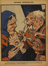 Soviet Propaganda Magazine Interior, "First Communion", Bezbozhnik u Stanka (Atheist at his Bench) Magazine, Illustration, 1920's