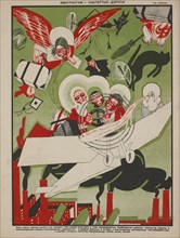 Soviet Propaganda Magazine Interior, "Immigrants, Good Riddance!", Bezbozhnik u Stanka (Atheist at his Bench) Magazine, Illustration by Mikhail Cheremnykh, 1923
