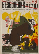 Soviet Propaganda Magazine Cover, Bezbozhnik u Stanka (Atheist at his Bench) Magazine, Illustration by Konstantin Urbetis, Issue 9, 1928
