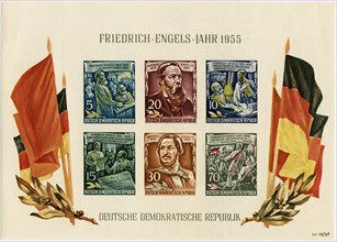 Friedrich Engels Commemorative Postage Stamp Sheet, East Germany, DDR, 1955