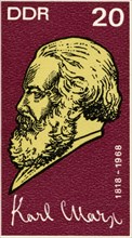 Karl Marx Stamp, Close-Up from Commemorative Postage Stamp Sheet Honoring Karl Marx 150th Birthday, East Germany, DDR, 1968