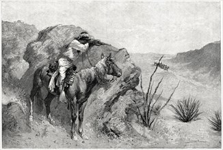 Apache Indian on Horseback Aiming Rifle at Covered Wagon, Illustration, Frederic Remington, Harper's Monthly Magazine, 1890