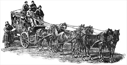 Six-Horse Stagecoach of the American West, USA, Illustration, Classical Portfolio of Primitive Carriers, by Marshall M. Kirman, World Railway Publ. Co., Illustration, 1895