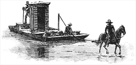 Horse Towing Raft in Shallows of Alleghany River, Pennsylvania, USA, Illustration, Classical Portfolio of Primitive Carriers, by Marshall M. Kirman, World Railway Publ. Co., Illustration, 1895