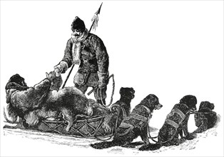 Dog Sled, Manitoba, Canada, Illustration, Classical Portfolio of Primitive Carriers, by Marshall M. Kirman, World Railway Publ. Co., Illustration, 1895