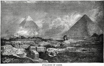 Pyramids of Gizeh (Giza) with Approaching Sands, Illustration, Cyclopaedia of Universal History, Volume 1, The Ancient World, by John Clark Ridpath, the Jones Brothers Publishing Company, 1885
