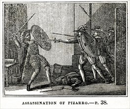 Assassination of Francisco Pizarro, 1541, Illustration from the Book, Historical Cabinet, L.H. Young Publisher, New Haven, 1834