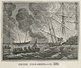 Greek Fire-Ships, Illustration from the Book, Historical Cabinet, L.H. Young Publisher, New Haven, 1834