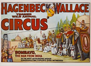 Hagenbeck-Wallace Trained Wild Animal Circus, Bombayo, the Man from India, Circus Poster, Lithograph, 1933