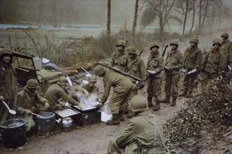 Breakfast Being Served to Men Stationed Near West Wall, Rhineland Campaign, Germany, 1945