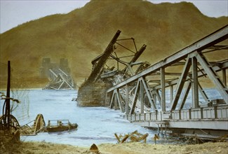 Ludendorff Bridge after it Collapsed into Rhine River, Remagen, Germany, Rhineland Campaign, March 17, 1945