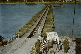 Treadway Bridge Built Across Rhine River near Remagen, Germany, Rhineland Campaign, March 1945