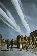Soldiers Watching Vapor Trails Left by Bombers on Way to Bomb Germany, Rhineland Campaign, 1945