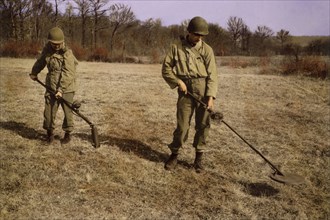 Soldiers using Two Types of Mine Detectors, AN/PRS-1 and SCR 625, Rhineland Campaign, Germany, 1945