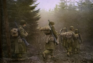 Members of Airborne Division Moving Through Forest, Ardennes-Alsace Campaign, Battle of the Bulge,