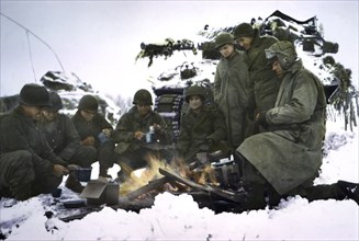 Tank Crews Keeping Warm as they Eat their Rations, Ardennes-Alsace Campaign, Battle of the Bulge, 1945