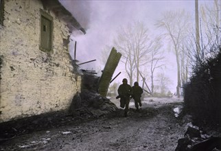 Infantrymen Advancing under Enemy Shell Fire, Ardennes-Alsace Campaign, Battle of the Bulge, 1945