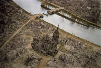High Angle View of Main River with Cathedral and Surrounding Destruction, Central Europe Campaign, Western Allied Invasion of Germany, Frankfurt, Germany, 1945